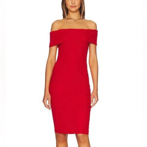 Michael Stars Ebony midi dress bodycon salsa cherry red holidays off shoulder